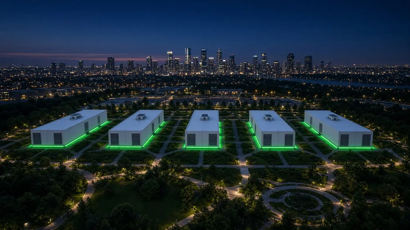 Vista aérea noturna de cinco módulos containerizados iluminados em um distrito arborizado, com o skyline da cidade ao fundo