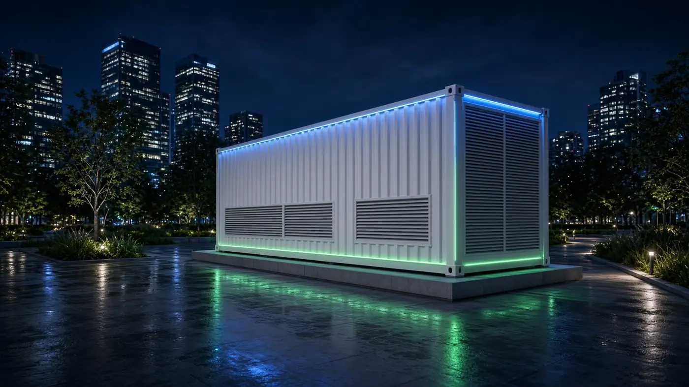 Módulo containerizado de data center de IA à noite, apagado, aguardando ativação