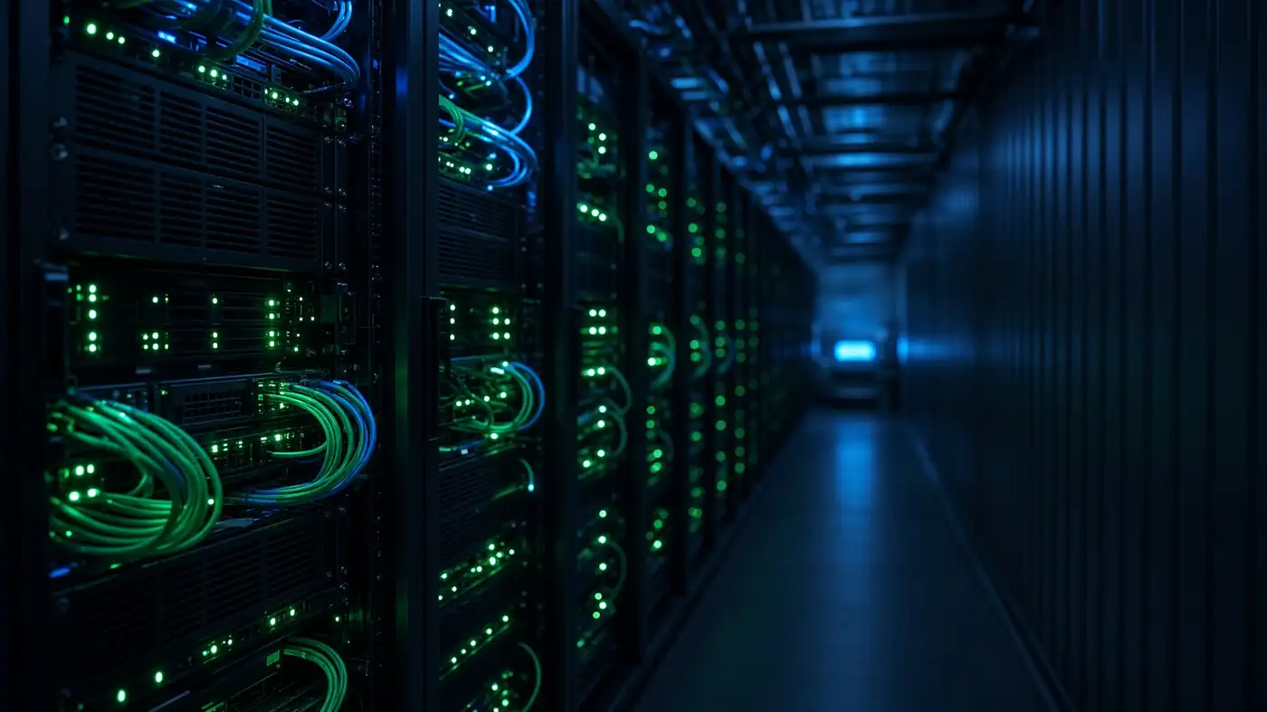 Interior do data center: corredor de racks de GPU com cabos e LEDs verdes e azuis